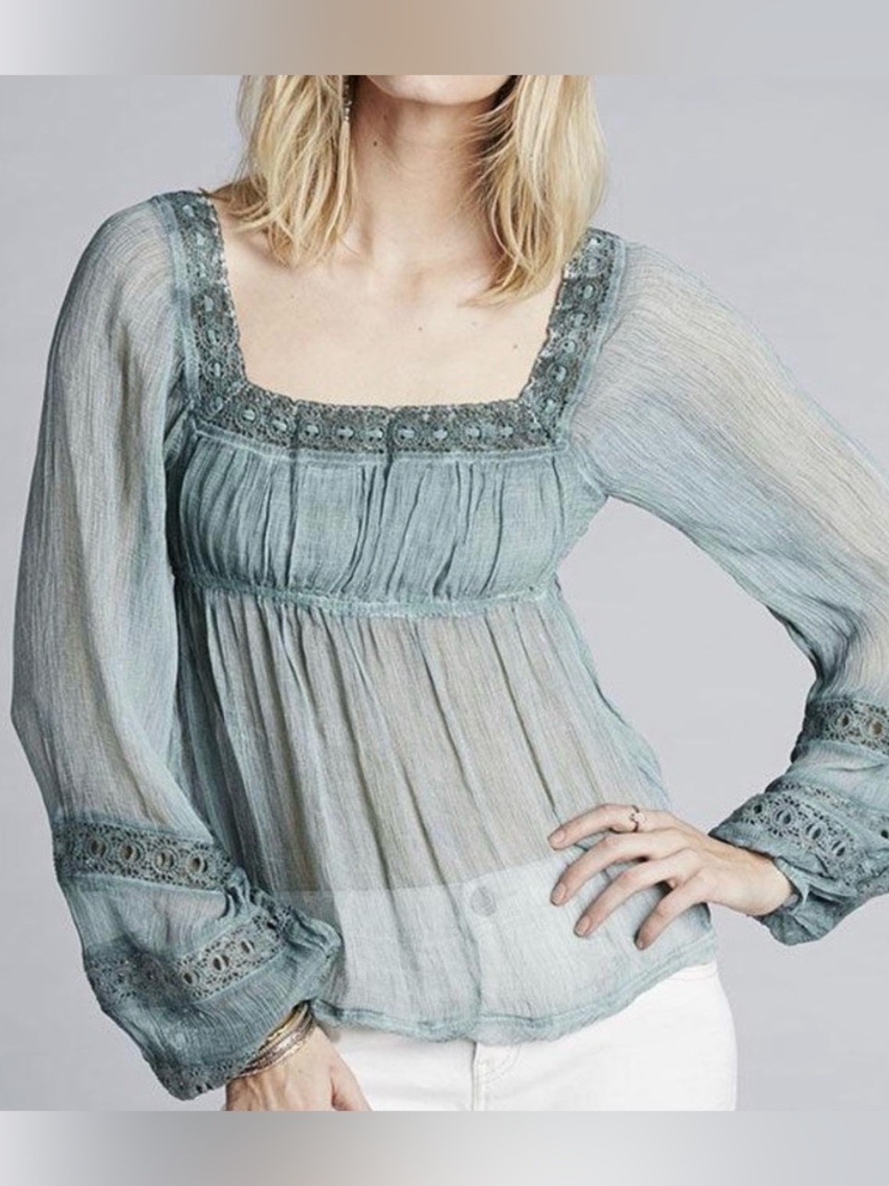 Free People Moonchaser Peasant Top in Blue Dust - Medium